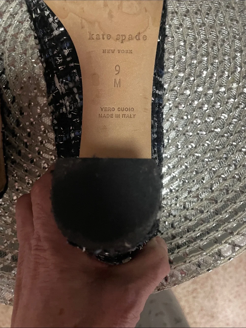 kate spade Black & Navy Tweed with Silver Pointed Toe Block Heels Size 9